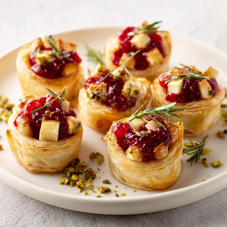 A close-up of a festive Mini Cranberry Brie Tart Wreath ready for your holiday appetizer table.