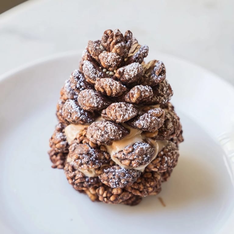 Close-up of pinecone-shaped nut butter snacks, dusted with powdered sugar, perfect for a party.
