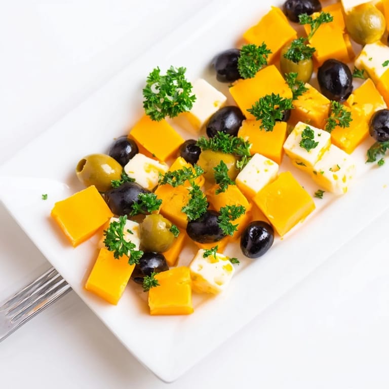 This Cheese and Olive Chess Board appetizer displays a delightful pattern of cheese cubes and olives.