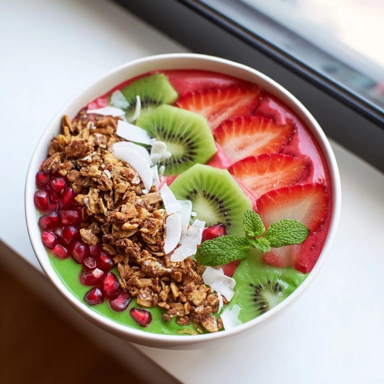 Enjoy a refreshing scoop of Festive Red and Green Smoothie Bowls, a beautiful and healthy breakfast treat.