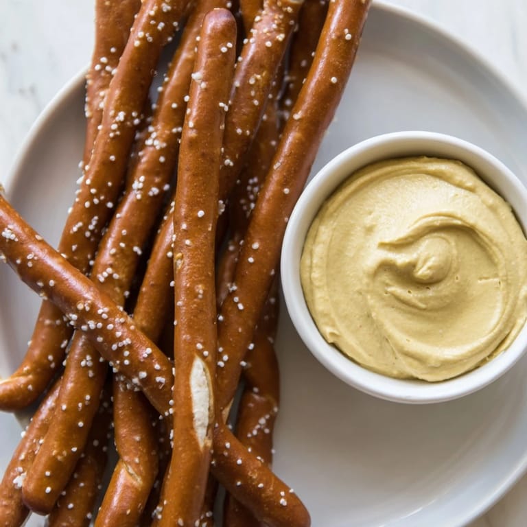 A close-up of pretzel rods with a vibrant hot mustard dip, ideal for easy snacking.