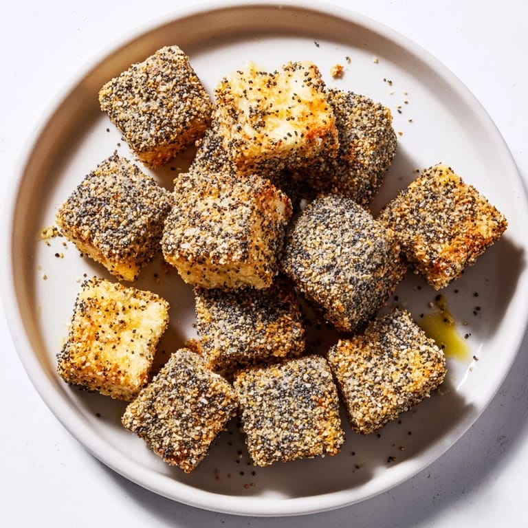 Close-up of savory Salty Bites: Everything Bagel Seasoning Cheese Cubes, ideal for cheese boards and parties.