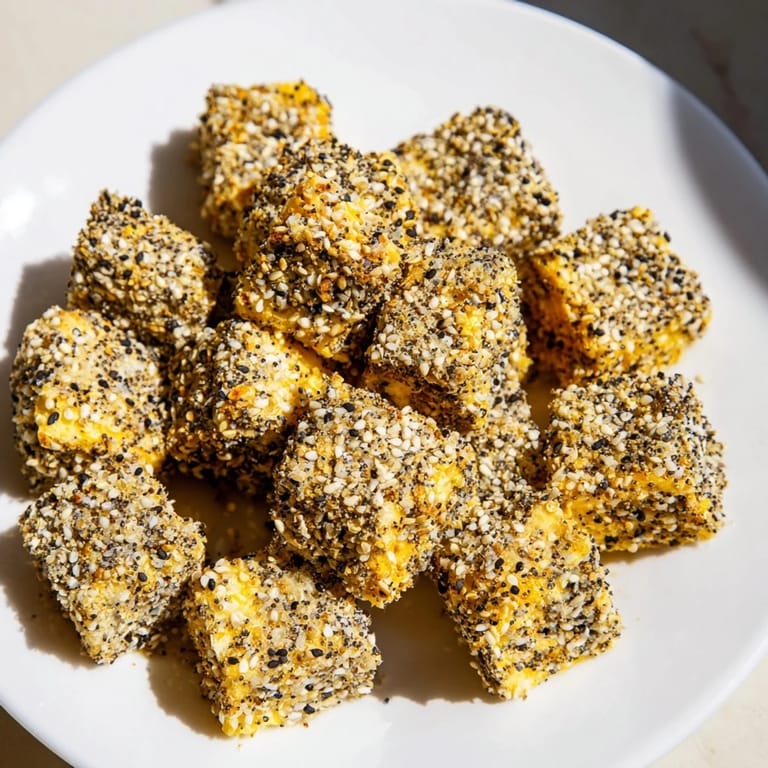Freshly-made Salty Bites: Everything Bagel Seasoning Cheese Cubes, coated in seasoning and ready to serve for a treat.