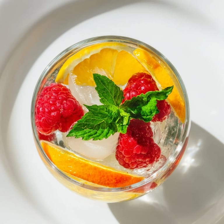 Refreshing Sparkling Juice with Raspberries, garnished with mint, promises delicious fruit flavors for your enjoyment.