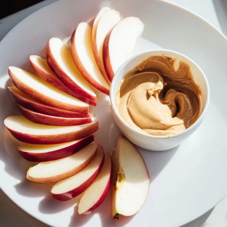 Close-up of fresh apple slices beside a bowl of peanut butter dip, ready to be enjoyed.
