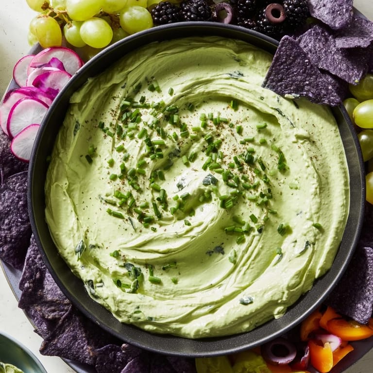 A vibrant green Witchs Brew Cauldron, ready to serve with dark fruits and savory chips perfect for dipping.