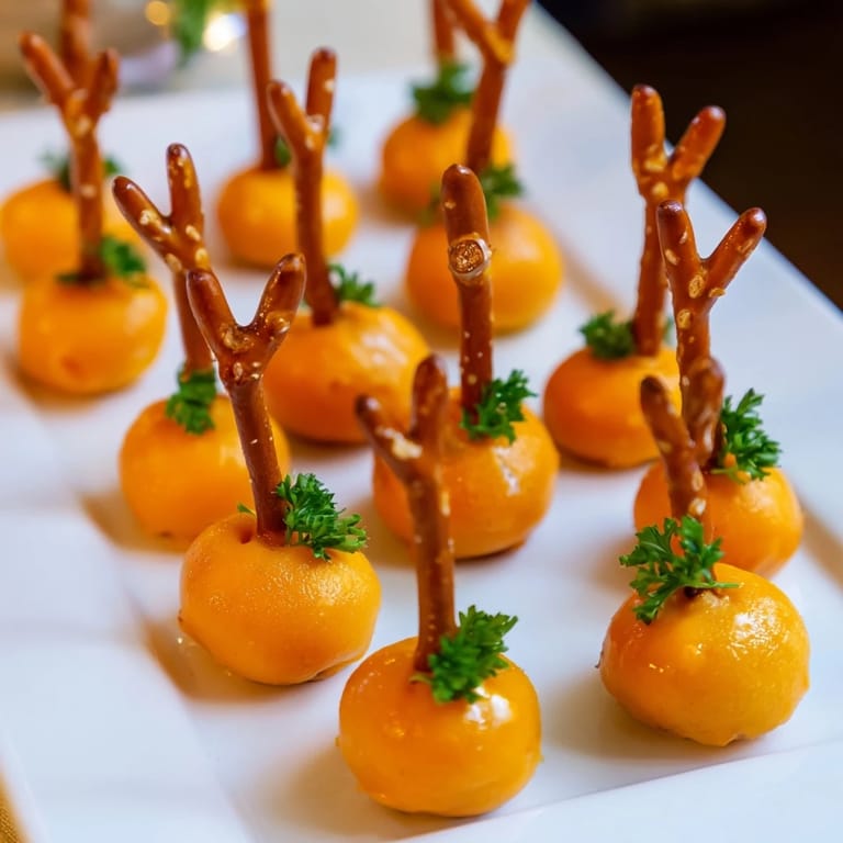 Festive autumn The Pumpkin Patch; a platter of cute orange cheese balls and pretzel stems.