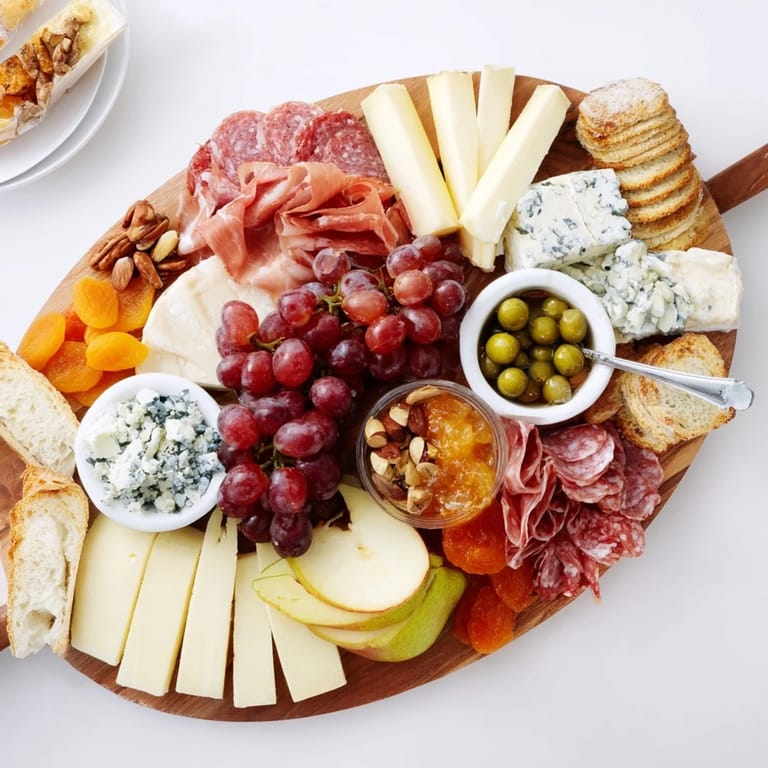 This Elegant Gilded Edge appetizer board features a ring of cheeses, meats, and fruit around the rim for dipping.