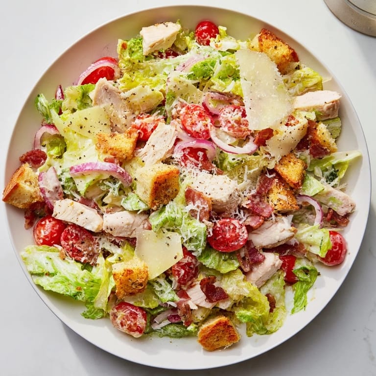 Enjoy a vibrant Costco Chicken Bake Salad Bowl brimming with savory chicken and creamy Caesar dressing, ready to eat.
