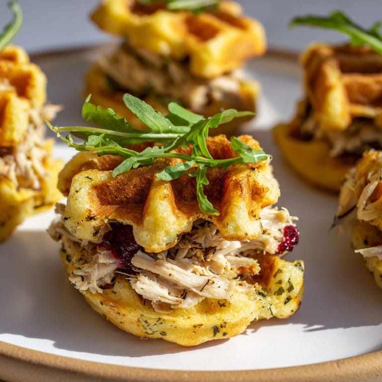 Tender shredded chicken nestled between stuffing waffles, a taste of holiday bliss in this slider.