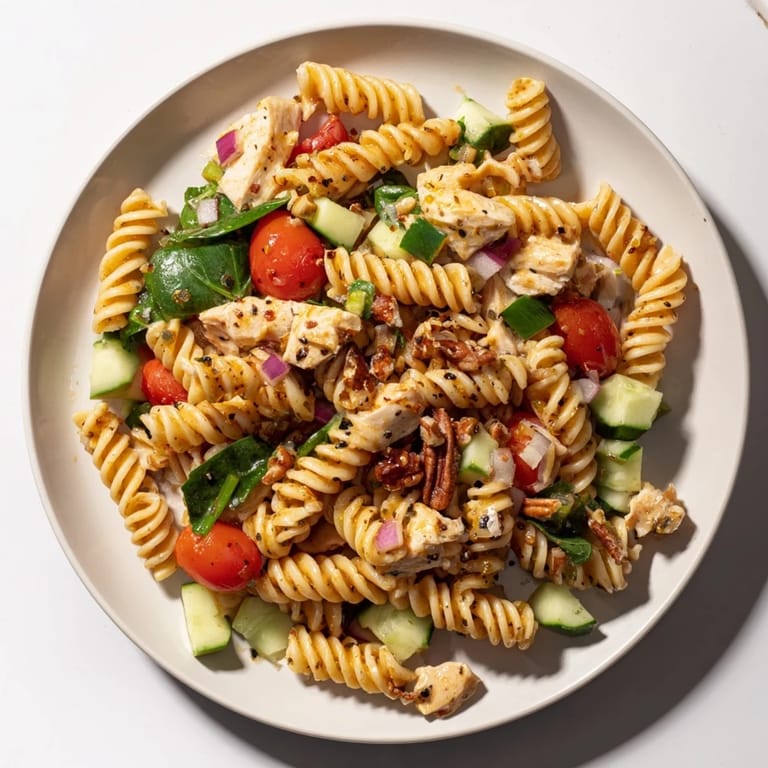 This vibrant Pasta Salad with Cranberry Vinaigrette features tender chicken, juicy tomatoes, and a bright cranberry vinaigrette.