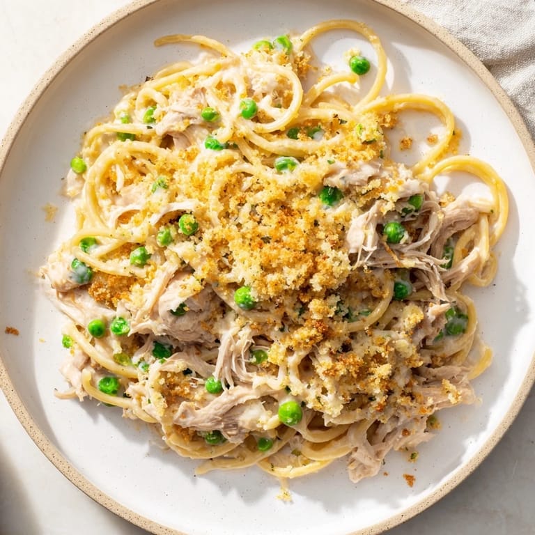 Golden, cheesy crust on Turkey Tetrazzini, a hearty baked pasta dish with savory flavors.