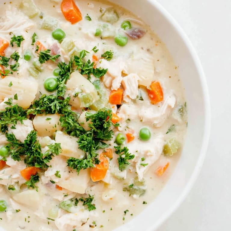 This Chicken Pot Pie Pasta Soup shows a steaming bowl, ready to warm you this winter.