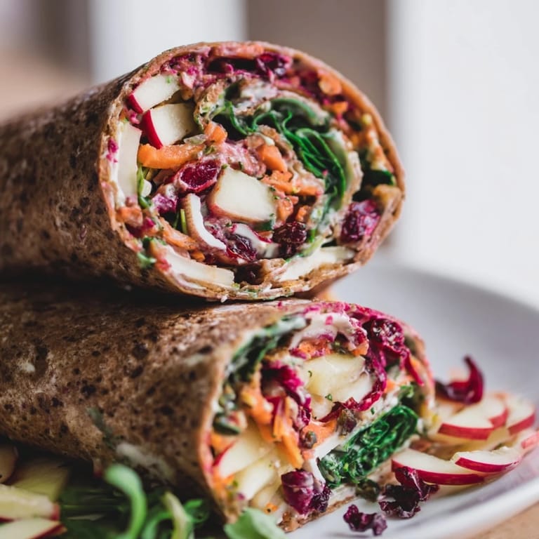 Crisp, refreshing Cranberry Apple Slaw neatly layered in a tasty turkey wrap, perfect for lunch.