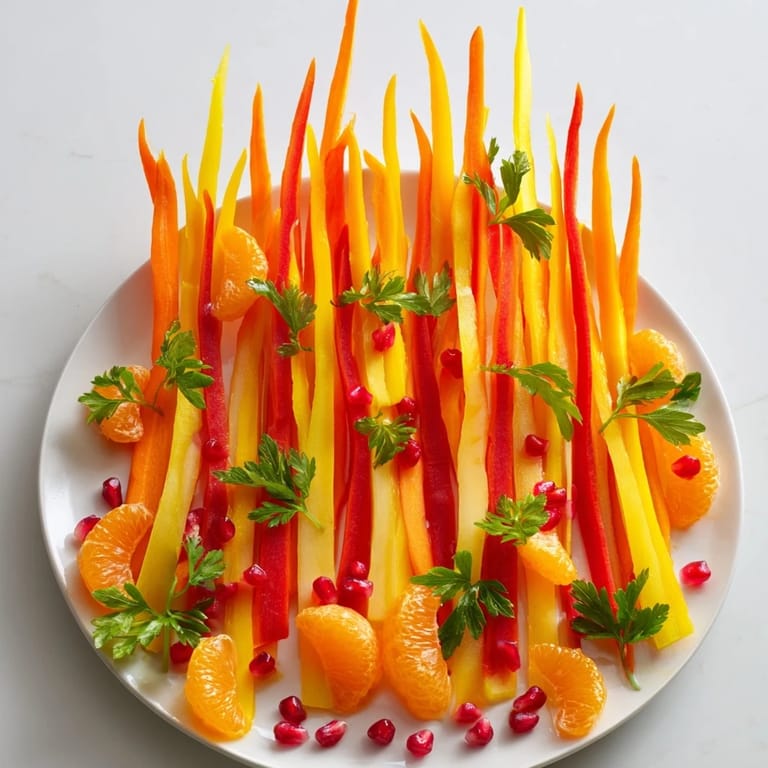 Beautiful Bonfire Warmth Centerpiece: a vertical arrangement of colorful produce that looks like a blazing bonfire display.