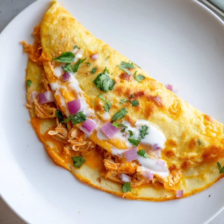 A close-up of a flavorful Buffalo Chicken Quesadilla, served with cool ranch dressing for dipping.