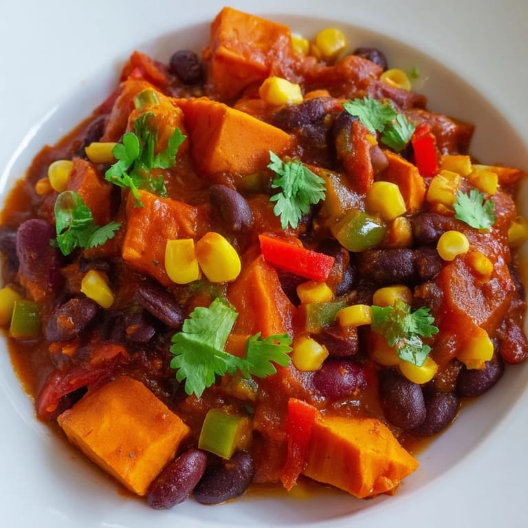 Close-up of a rich, thick Smoky Sweet Potato Chili, garnished with fresh cilantro, ready to serve.