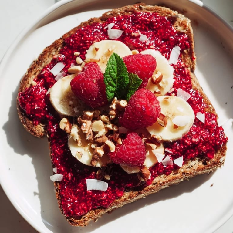 Warm, inviting image of a quick and easy raspberry chia jam toast, a perfect, healthy snack or breakfast.