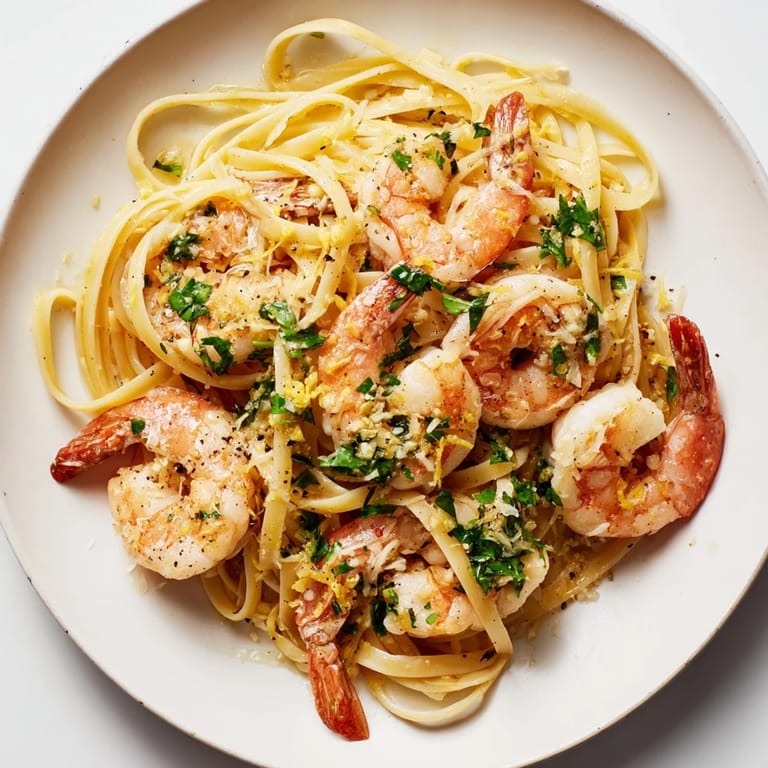 Golden-brown shrimp nestle in Lemon Herb Pasta, a delightful Italian-inspired meal with zesty flavors.