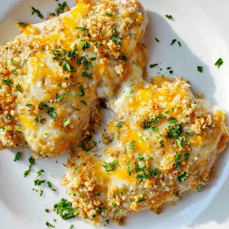 Close-up of baked Cheesy Chicken Breast, showcasing a creamy cheese topping and flavorful seasonings.