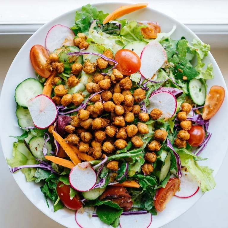 Golden, crunchy chickpea croutons top the vibrant Mixed Greens Salad, ideal for a vegan lunch.
