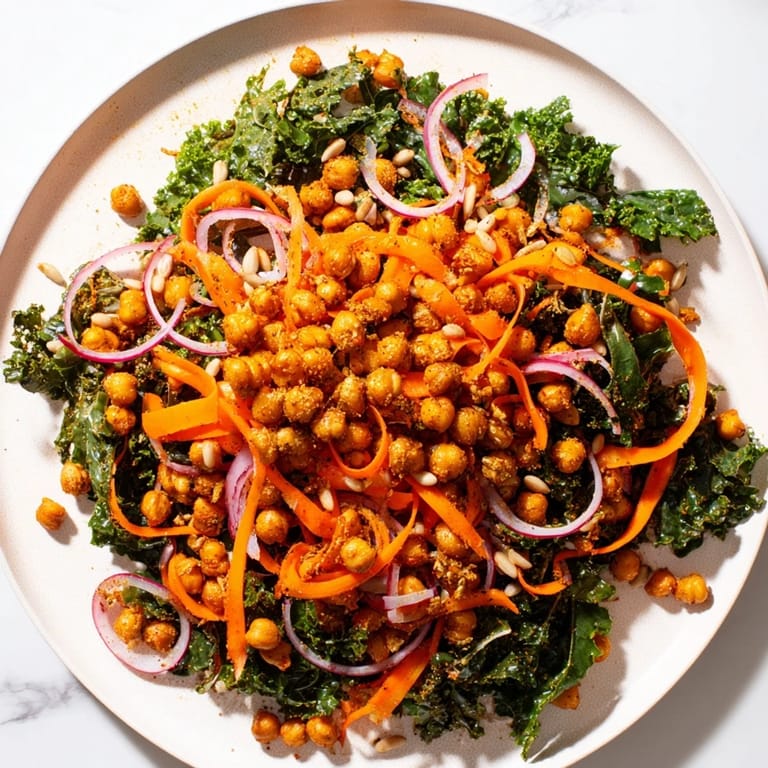 Freshly made kale salad with flavorful, golden roasted chickpeas, ready to eat and enjoy.