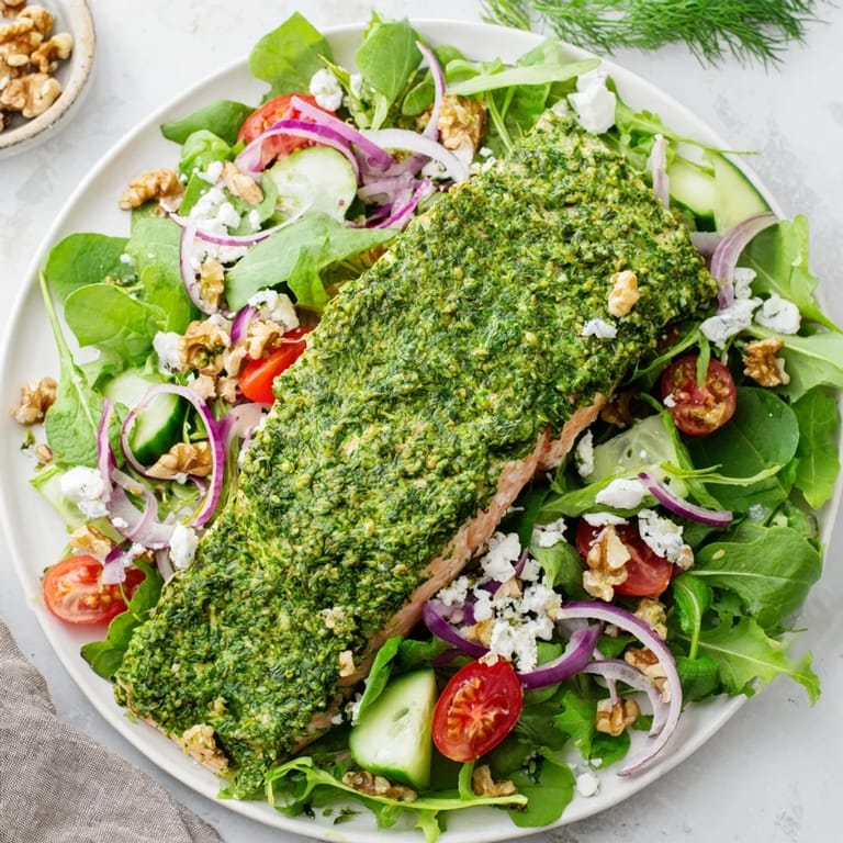 A close-up of the flavorful herb-crusted salmon salad, perfect for a light yet satisfying meal.