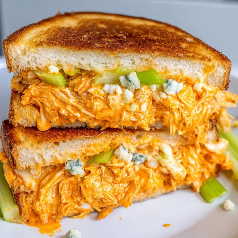 Delicious Buffalo Chicken Grilled Cheese, served hot, with a side of extra buffalo sauce for dipping.