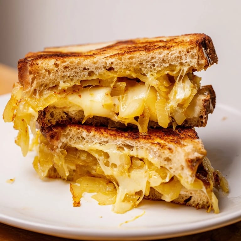 A close-up of a perfectly grilled Caramelized Onion and Gruyère Grilled Cheese, showing crispy bread and cheese pull.