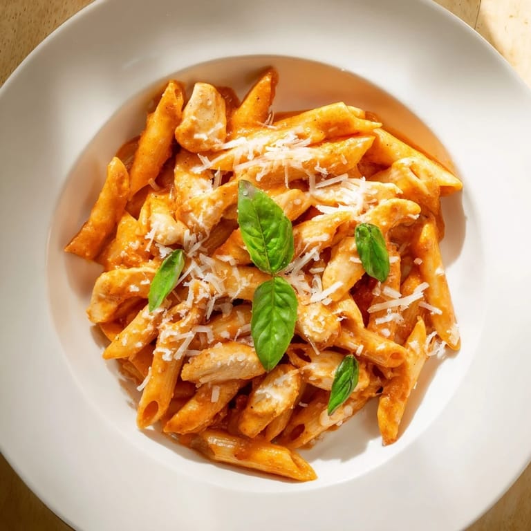 A close-up of Creamy Tomato Basil Chicken Pasta, showcasing the rich tomato sauce and penne.