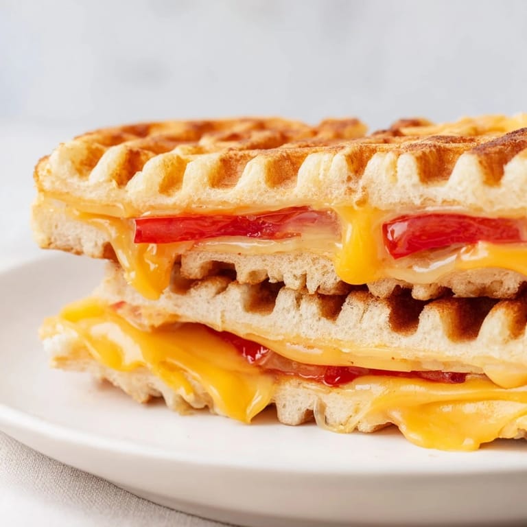 Close-up of a warm, crispy Waffle Grilled Cheese, featuring golden waffled bread and melted cheese layers.