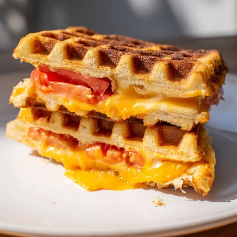 Imagine a perfectly cooked Waffle Grilled Cheese with melted cheese pull, served with tomato soup.