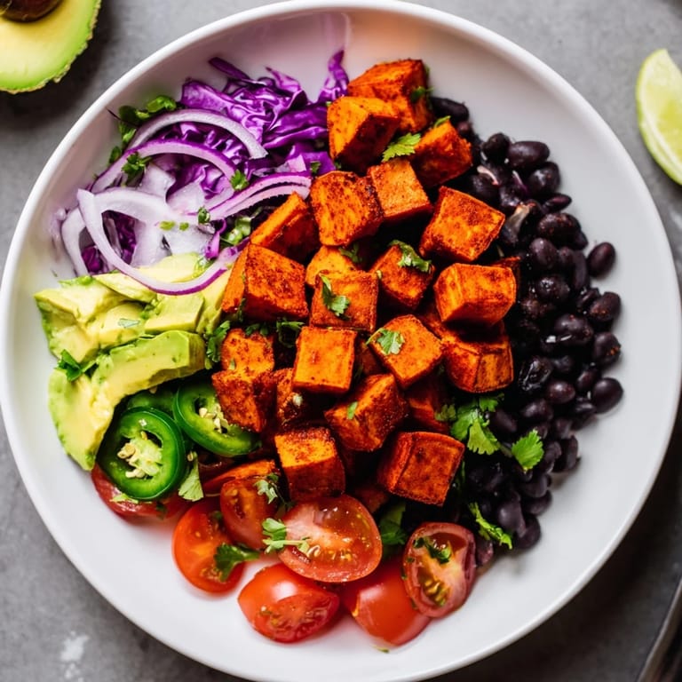 Delicious and healthy sweet potato taco bowls, drizzled with lime dressing and garnished with fresh cilantro.