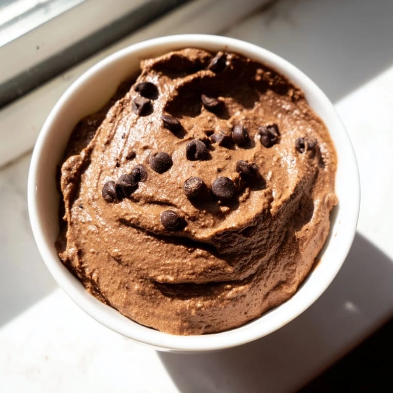 Homemade chocolate hummus, ready to serve with fruit, in a close-up photo.