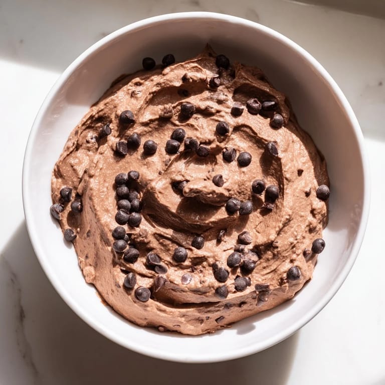 Smooth, dark chocolate hummus swirled in a bowl, a decadent vegan dessert option.