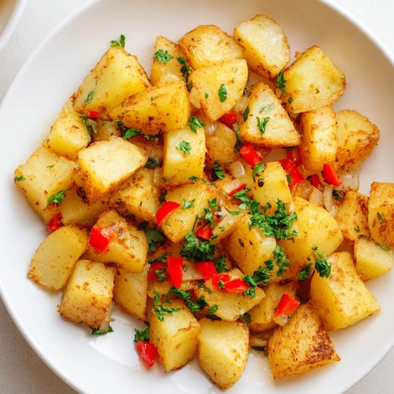 A close-up of crispy Air Fryer Breakfast Potatoes, featuring diced veggies and herbs, perfect side dish.