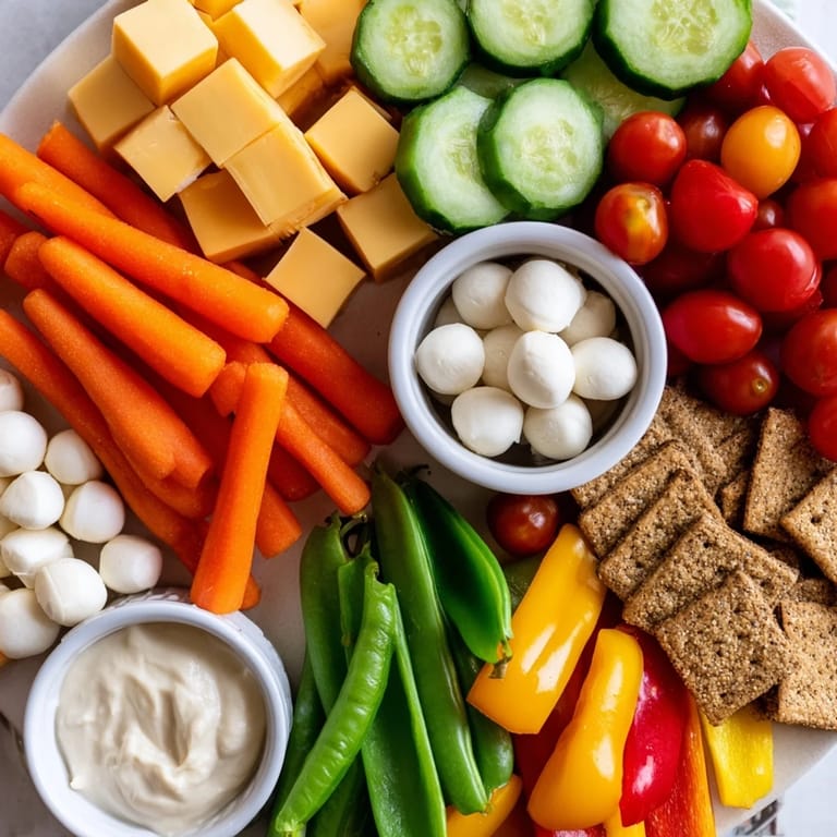 Delectable Veggie Snack Board featuring cheddar, mozzarella, alongside fresh crunchy vegetables for snacking.