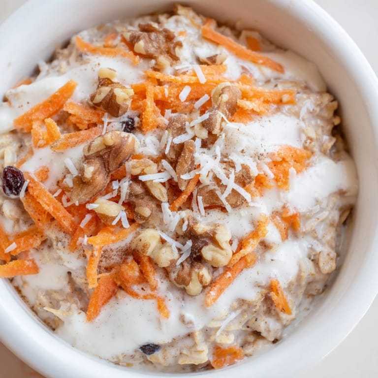 Make-ahead Carrot Cake Overnight Oats with a swirl of cream cheese frosting, a tasty no-cook breakfast.