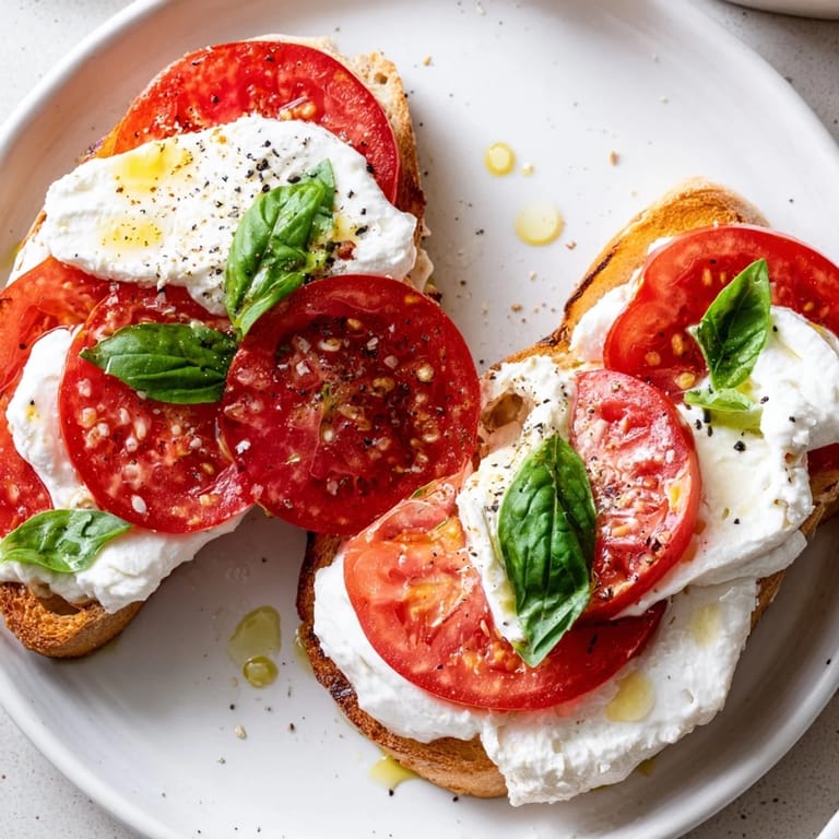 Enjoy a delicious plate of Italian-inspired Tomato Burrata Toast—perfect for brunch, bursting with fresh flavors.