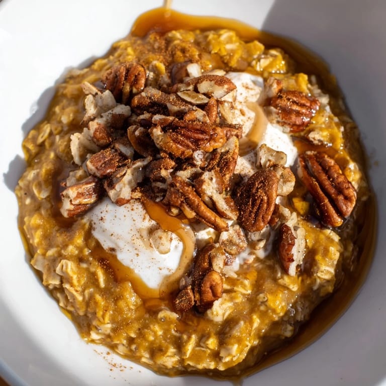 Delicious and creamy pumpkin spice latte oats with maple syrup drizzled on top for a sweet start.