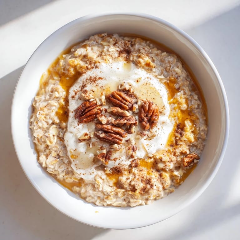 A close-up of warm, spiced pumpkin spice latte oats ready to be enjoyed as a breakfast treat.