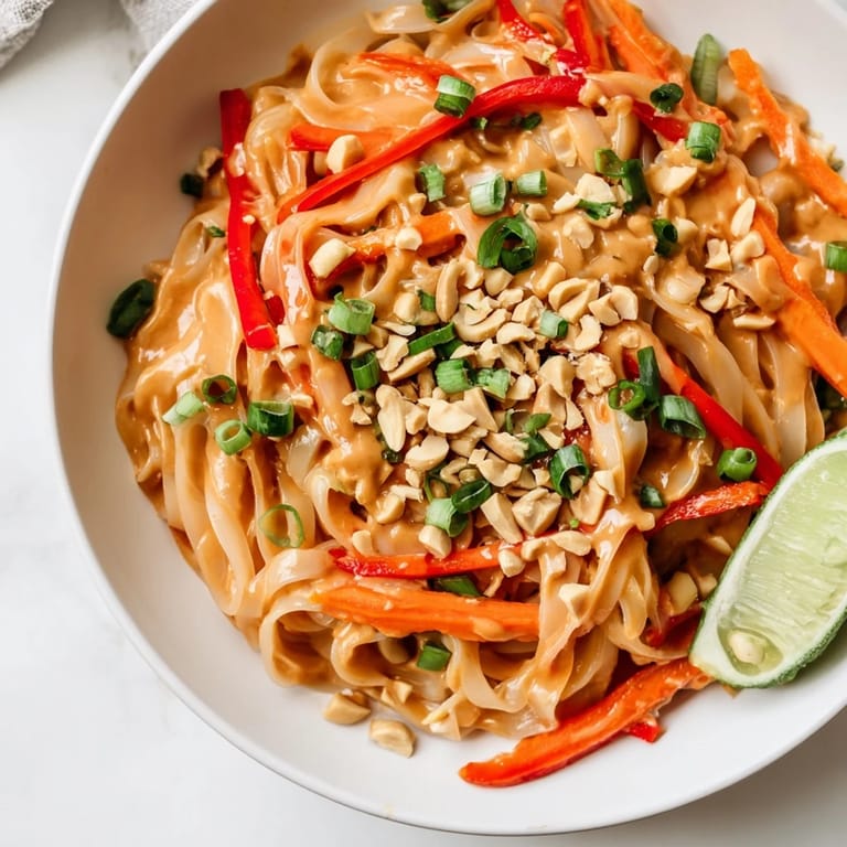 Quick and easy vegetarian recipe: bright Spicy Peanut Noodles, featuring carrots and bell peppers.