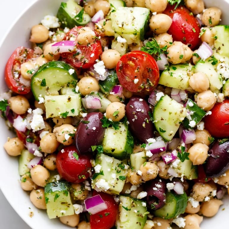 Close-up of a flavorful Mediterranean Chickpea Salad, featuring plump chickpeas, juicy tomatoes and tangy olives.