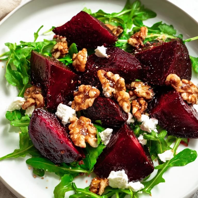 A delicious Roasted Beet Walnut Salad: tender beets, crunchy walnuts, and creamy goat cheese drizzled with vinaigrette.