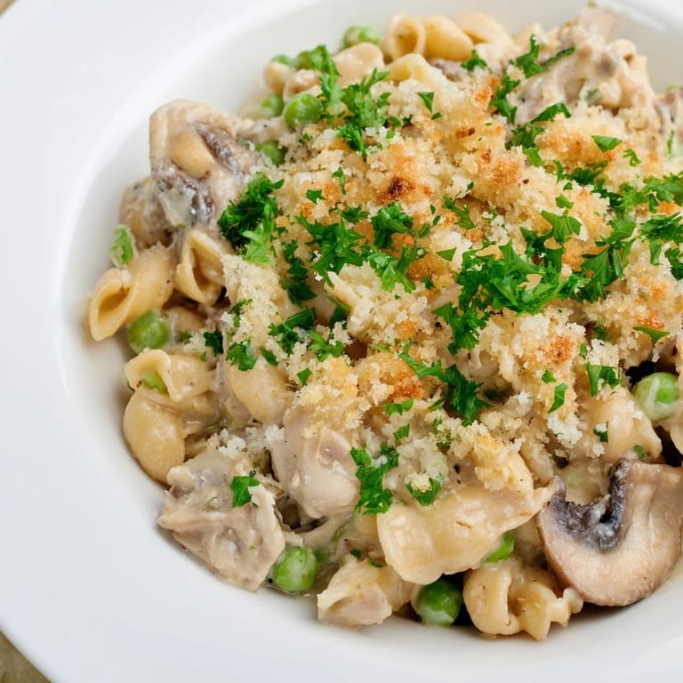 Creamy Tuna Noodle Casserole with vegetables baking in a glass dish, invitingly warm and fragrant.