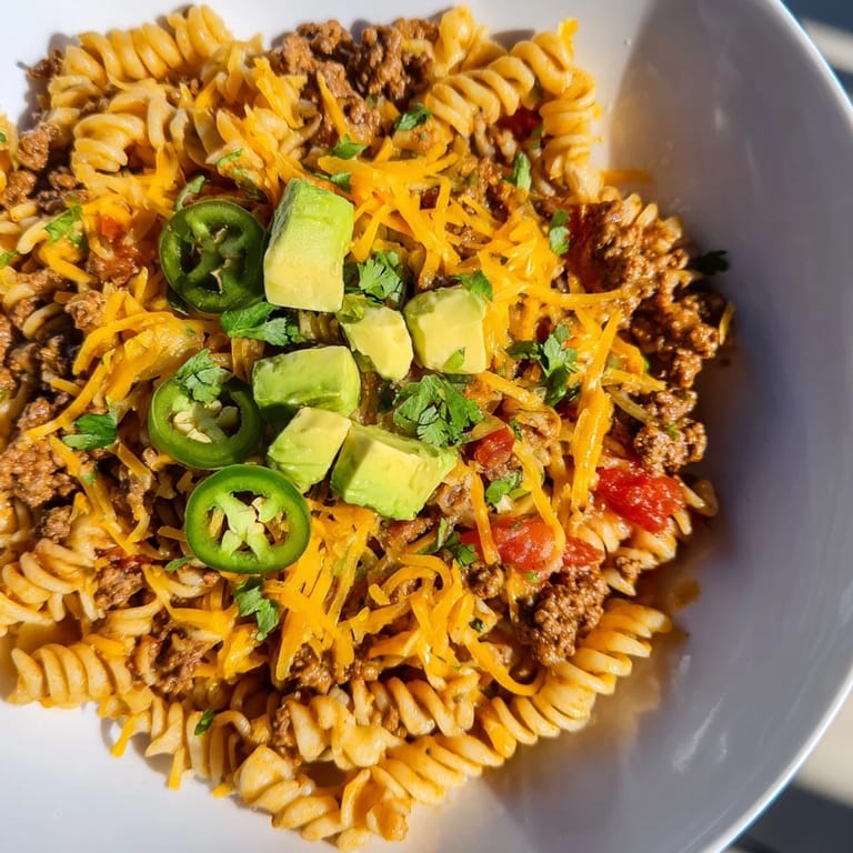 A flavorful Beef Taco Pasta Skillet bubbling in the skillet, showcasing tender pasta and seasoned ground beef.