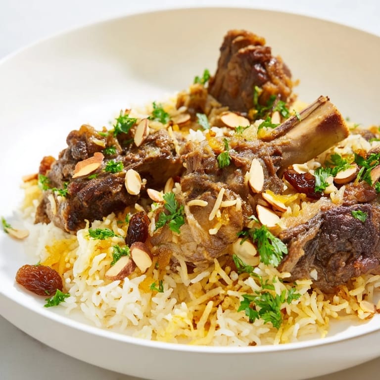 Beautifully plated Saudi Kabsa, fragrant rice layered with spiced meat and topped with almonds and herbs.