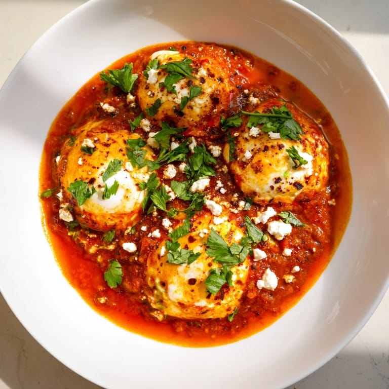 Perfectly cooked Israeli Shakshuka eggs showcase bright yellow yolks on a bed of spicy tomato and pepper stew.