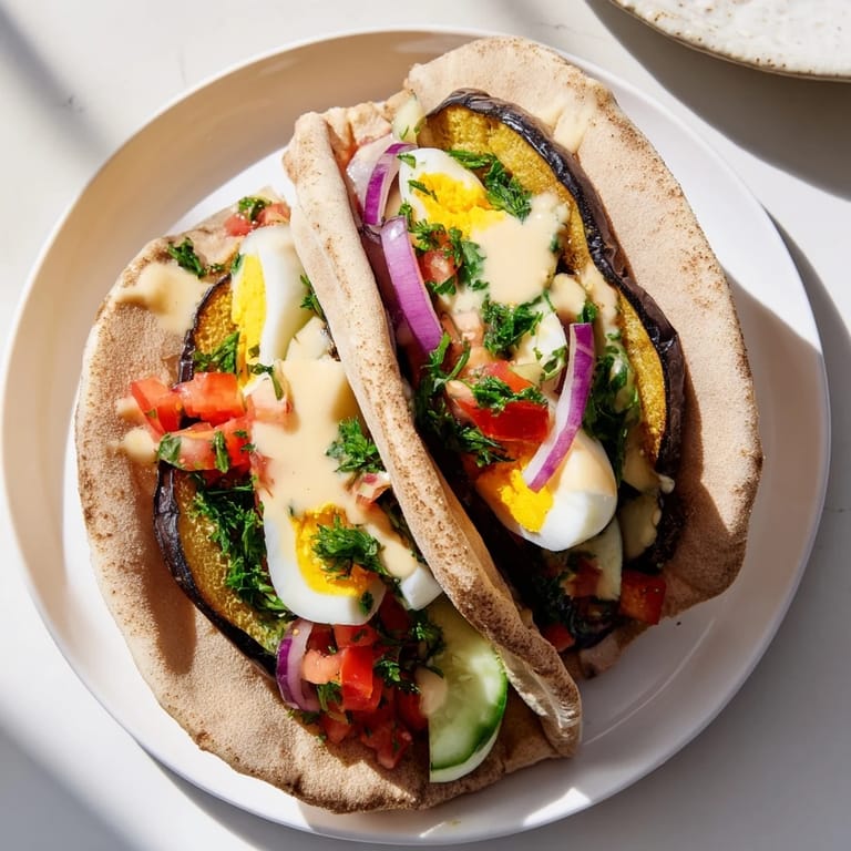 A delicious vegetarian Israeli Sabich featuring fresh Israeli salad and a rich drizzle of tahini.