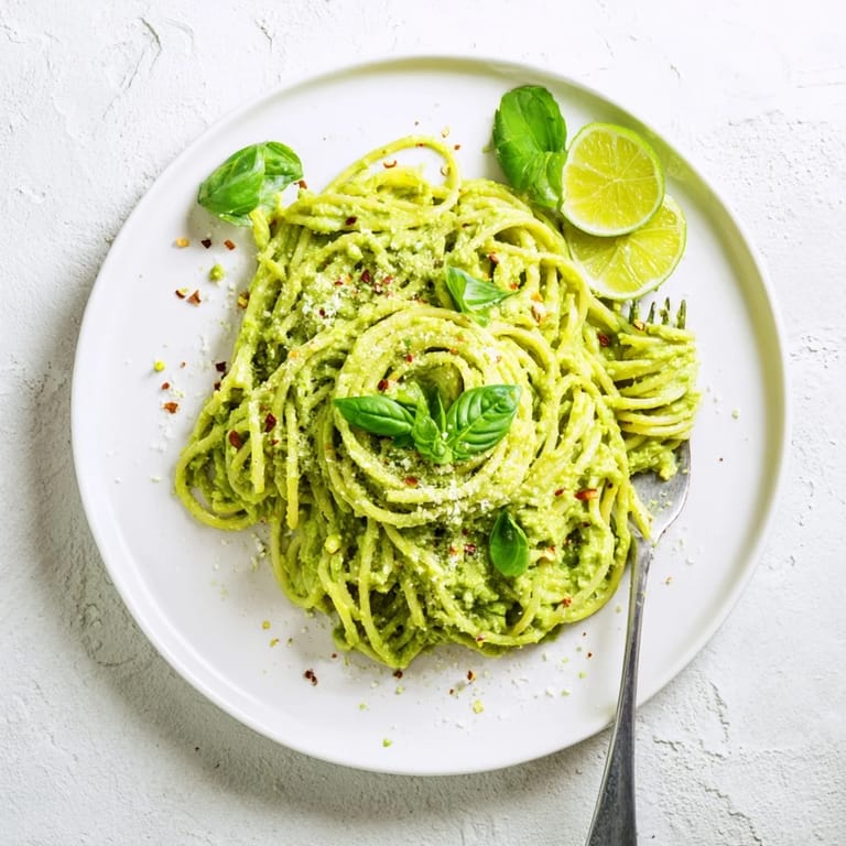 Ready-to-serve smashed avocado pasta on a wooden table, garnished with fresh basil and extra chili flakes.